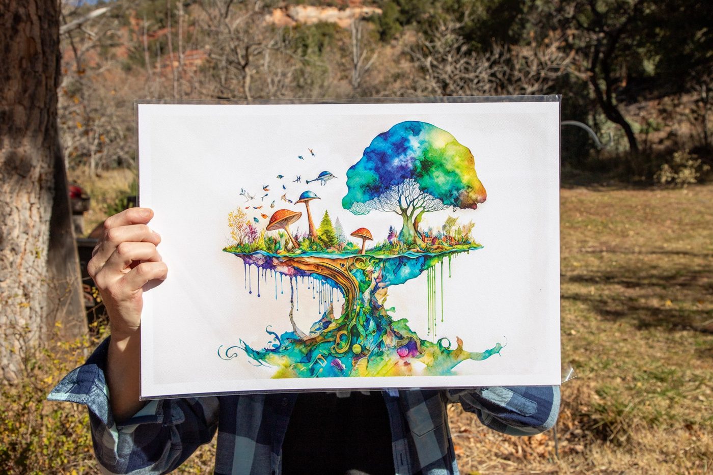 This stunning art print captures a fantastical, vibrant world suspended in balance and bursting with life. The piece features a dynamic interplay of colors, blending soft watercolors with strikingly intricate details. At the center of the composition is a surreal floating island, lush with vibrant mushrooms, delicate trees, and miniature landscapes. The island appears to be alive, with roots dripping and intertwining into an abstract base, evoking a sense of harmony between nature and imagination. The watercolor effect adds a dreamlike quality, as soft greens, blues, yellows, and reds seamlessly blend and bleed into one another. On one side of the piece, a majestic tree with a canopy of shifting blues and greens symbolizes growth and stability. Meanwhile, flocks of birds take flight, and whimsical mushrooms add a playful, magical touch. Perfect for nature lovers and fans of imaginative, ethereal artwork, this print makes an excellent addition to any home or workspace. Whether displayed in a living room, meditation space, or office, it invites contemplation and inspires creativity.